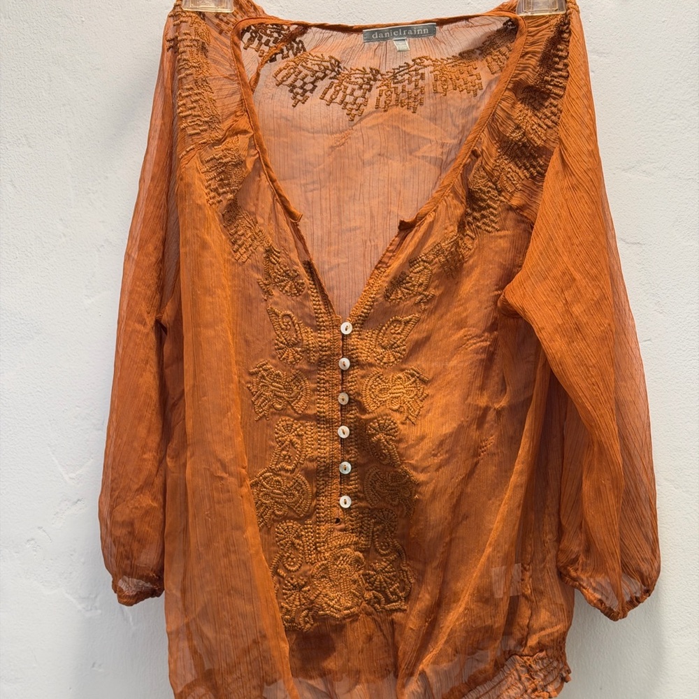 Daniel Rainn Rust Sheer Embroidered Blouse